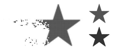Gray vector star icon in dissolved, pixelated halftone and undamaged whole versions. Disappearing effect involves rectangle dots. Pixels are combined into disappearing star symbol.のイラスト素材