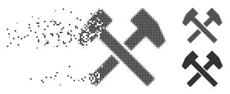 Gray vector work hammers icon in dissolved, dotted halftone and undamaged solid variants. Disintegration effect involves square dots. Points are composed into disappearing work hammers shape.のイラスト素材