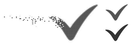 Gray vector yes icon in dissolved, pixelated halftone and undamaged whole variants. Disintegration effect involves square dots. Pieces are arranged into disappearing yes figure.のイラスト素材