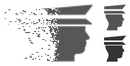 Grey vector officer head icon in dispersed, pixelated halftone and undamaged entire versions. Rectangular particles are used for disintegration effect.のイラスト素材