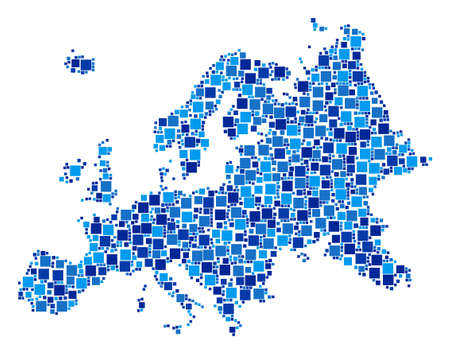 Europe map mosaic of scattered square elements in various sizes and blue color tinges. Vector dots are grouped into Europe map illustration. Abstract geography scheme vector illustration.のイラスト素材