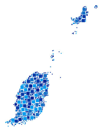 Grenada map collage of randomized filled squares in various sizes and blue color tints. Vector small square are arranged into Grenada map composition. Abstract geographical scheme vector illustration.のイラスト素材