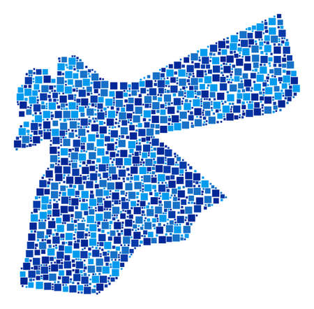 Jordan map collage of randomized dots in various sizes and blue color hues. Vector square elements are organized into Jordan map illustration. Abstract geographic scheme design concept.のイラスト素材