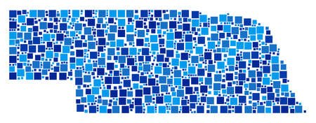 Nebraska State map mosaic of random filled squares in various sizes and blue color tones. Vector square pixels are combined into Nebraska State map illustration.のイラスト素材