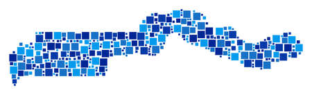 The Gambia map composition of randomized dots in different sizes and blue shades. Vector dots are organized into the Gambia map composition. Abstract geography plan vector illustration.のイラスト素材