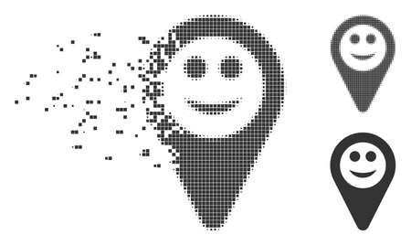 Gray vector map marker smile icon in fractured, dotted halftone and undamaged solid variants. Rectangle dots are used for disappearing effect.のイラスト素材