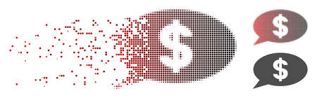 Vector dollar message balloon icon in dissolved, pixelated halftone with red to black horizontal gradient and undamaged whole versions. Disintegration effect uses square sparks.のイラスト素材