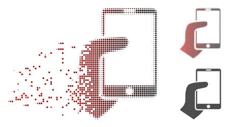 Vector hand hold smartphone icon in fractured, pixelated halftone with red to black horizontal gradient and undamaged solid versions. Disintegration effect uses rectangular sparks.のイラスト素材