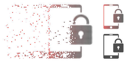 Vector lock smartphone icon in dissolved, pixelated halftone with red to black horizontal gradient and undamaged solid variants. Disintegration effect uses rectangular particles.のイラスト素材