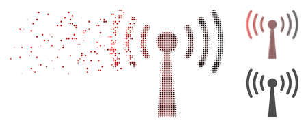 Vector Wi-Fi station icon in dispersed, pixelated halftone with red to black horizontal gradient and undamaged entire variants. Disappearing effect uses rectangular dots.のイラスト素材