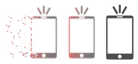 Vector mobile torch icon in dispersed, pixelated halftone with red to black horizontal gradient and undamaged whole versions. Disappearing effect involves rectangular scintillas.のイラスト素材