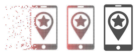 Vector smartphone map pointer icon in dissolved, dotted halftone with red to black horizontal gradient and undamaged solid variants. Disappearing effect involves rectangle sparks.のイラスト素材