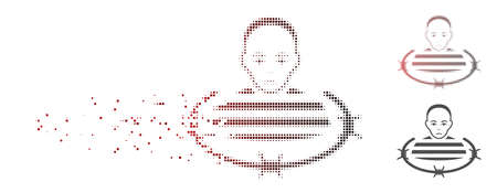 Vector barbed wire prisoner icon in sparkle, dotted halftone with red to black horizontal gradient and undamaged solid variants. Disappearing effect involves rectangle particles.のイラスト素材