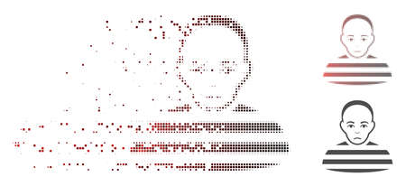 Vector prisoner icon in dissolved, pixelated halftone with red to black horizontal gradient and undamaged entire variants. Disintegration effect uses rectangle scintillas.のイラスト素材