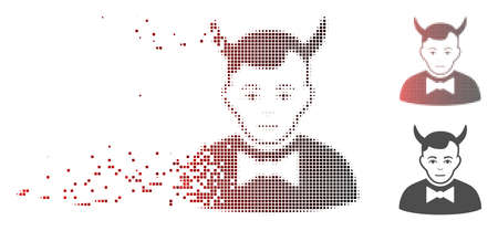 Vector devil icon in sparkle, dotted halftone with red to black horizontal gradient and undamaged entire versions. Disintegration effect uses rectangle scintillas.のイラスト素材