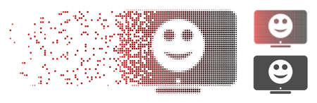 Vector display smile icon in dissolved, dotted halftone with red to black horizontal gradient and undamaged entire variants. Disappearing effect uses rectangle particles.のイラスト素材