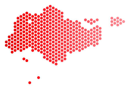 Red round spot Singapore map. Geographic scheme in red color with horizontal gradient. Vector mosaic of Singapore map constructed of circle dot matrix.のイラスト素材