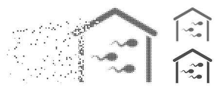 Grey vector sperm bank icon in fractured, pixelated halftone and undamaged whole versions. Disappearing effect involves square dots. Fragments are grouped into dissolving sperm bank form.のイラスト素材