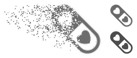 Grey vector love pill icon in fractured, pixelated halftone and undamaged solid variants. Disintegration effect involves square particles. Pieces are arranged into dispersed love pill icon.のイラスト素材