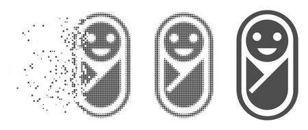 Grey vector newborn icon in fractured, dotted halftone and undamaged whole variants. Disappearing effect involves rectangular particles. Pixels are arranged into dissipated newborn symbol.のイラスト素材