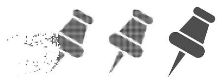 Gray vector pin icon in fractured, pixelated halftone and undamaged solid variants. Disappearing effect uses rectangular dots. Fragments are grouped into disappearing pin figure.のイラスト素材