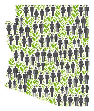 People population and floral Arizona State map. Vector mosaic of Arizona State map combined of randomized family and sprout elements in different sizes.のイラスト素材