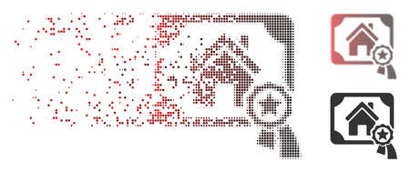 Vector realty certification icon in dissolved, dotted halftone and undamaged entire versions. Disintegration effect involves square scintillas and horizontal gradient from red to black.のイラスト素材