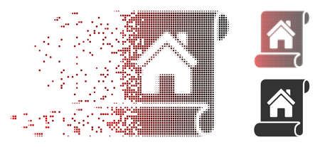 Vector realty description roll icon in dispersed, dotted halftone and undamaged solid versions. Disintegration effect uses rectangle particles and horizontal gradient from red to black.のイラスト素材