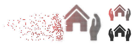 Vector realty insurance hands icon in dispersed, pixelated halftone and undamaged entire variants. Disappearing effect uses rectangular scintillas and horizontal gradient from red to black.のイラスト素材