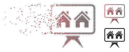 Vector realty project icon in dissolved, dotted halftone and undamaged solid versions. Disintegration effect uses rectangle particles and horizontal gradient from red to black.のイラスト素材