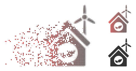 Vector eco house building icon in dissolved, pixelated halftone and undamaged entire variants. Disintegration effect involves square sparks and horizontal gradient from red to black.のイラスト素材