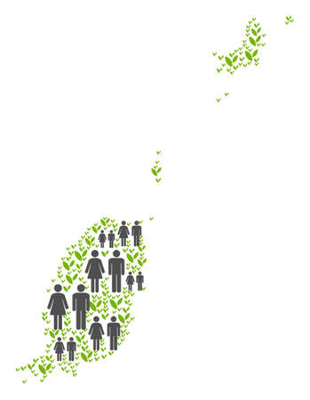 People population and green plants Grenada map. Vector pattern of Grenada map designed of random people and sprout elements in different sizes. Abstract social plan of nation public cartography.のイラスト素材