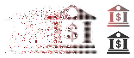 Vector American bank building icon in fractured, dotted halftone and undamaged solid variants. Disappearing effect uses square particles and horizontal gradient from red to black.のイラスト素材