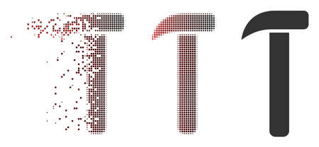 Vector hammer icon in fractured, pixelated halftone and undamaged entire variants. Disappearing effect uses square scintillas and horizontal gradient from red to black.のイラスト素材