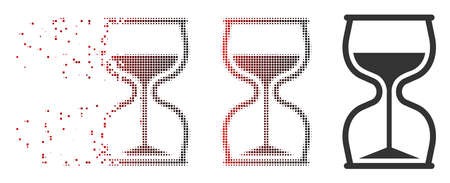 Vector hourglass icon in dissolved, pixelated halftone and undamaged whole variants. Disintegration...