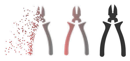 Vector nippers icon in dissolved, pixelated halftone and undamaged whole variants. Disintegration effect involves rectangular particles and horizontal gradient from red to black.のイラスト素材