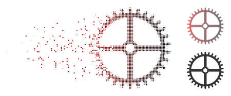 Vector clock gear icon in dispersed, dotted halftone and undamaged solid versions. Disintegration effect involves square dots and horizontal gradient from red to black.のイラスト素材