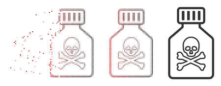 Vector toxic vial icon in dispersed, pixelated halftone and undamaged whole variants. Disappearing effect uses rectangular dots and horizontal gradient from red to black.のイラスト素材