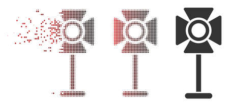Vector spotlight rack icon in dispersed, dotted halftone and undamaged solid versions. Disappearing effect involves rectangle scintillas and horizontal gradient from red to black.のイラスト素材