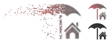 Vector house under umbrella icon in dispersed, dotted halftone and undamaged whole versions. Disappearing effect uses square particles and horizontal gradient from red to black.のイラスト素材