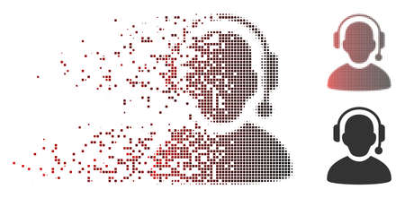 Vector call center icon in fractured, pixelated halftone and undamaged whole variants. Disappearing effect uses rectangular dots and horizontal gradient from red to black.のイラスト素材