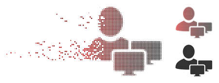 Vector computer administrator icon in dissolved, pixelated halftone and undamaged solid versions. Disappearing effect uses rectangular particles and horizontal gradient from red to black.のイラスト素材