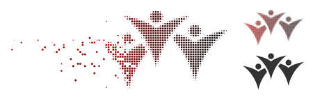 Vector future people group icon in fractured, pixelated halftone and undamaged whole versions. Disintegration effect involves rectangular scintillas and horizontal gradient from red to black.のイラスト素材
