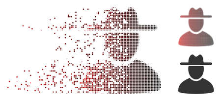 Vector hat man icon in dispersed, dotted halftone and undamaged entire versions. Disappearing effect uses rectangle scintillas and horizontal gradient from red to black.のイラスト素材