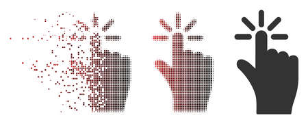 Vector click icon in dispersed, dotted halftone and undamaged whole variants. Disintegration effect involves rectangle sparks and horizontal gradient from red to black.のイラスト素材
