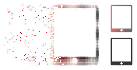 Vector mobile tablet icon in fractured, dotted halftone and undamaged solid variants. Disintegration effect uses rectangular sparks and horizontal gradient from red to black.のイラスト素材