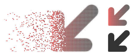 Vector arrow down left icon in sparkle, pixelated halftone and undamaged entire variants. Disintegration effect uses rectangular particles and horizontal gradient from red to black.のイラスト素材