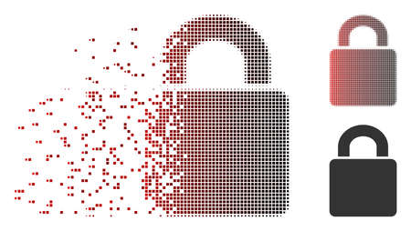 Vector lock icon in dissolved, pixelated halftone and undamaged entire versions. Disintegration effect uses square sparks and horizontal gradient from red to black.のイラスト素材