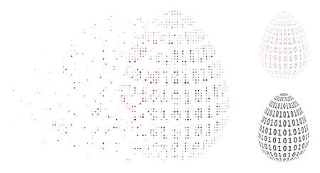 Vector binary digital abstract egg icon in dispersed, pixelated halftone and undamaged solid variants. Disintegration effect involves rectangular dots and horizontal gradient from red to black.のイラスト素材