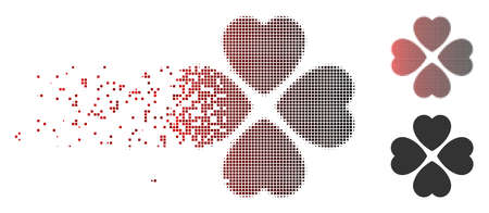 Vector flower icon in fractured, pixelated halftone and undamaged entire versions. Disintegration effect uses square scintillas and horizontal gradient from red to black.のイラスト素材